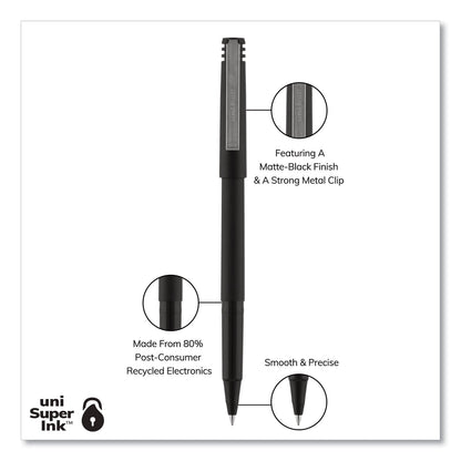 uniball Roller Ball Pen, Stick, Micro 0.5 mm, Black Ink, Black Matte Barrel, Dozen