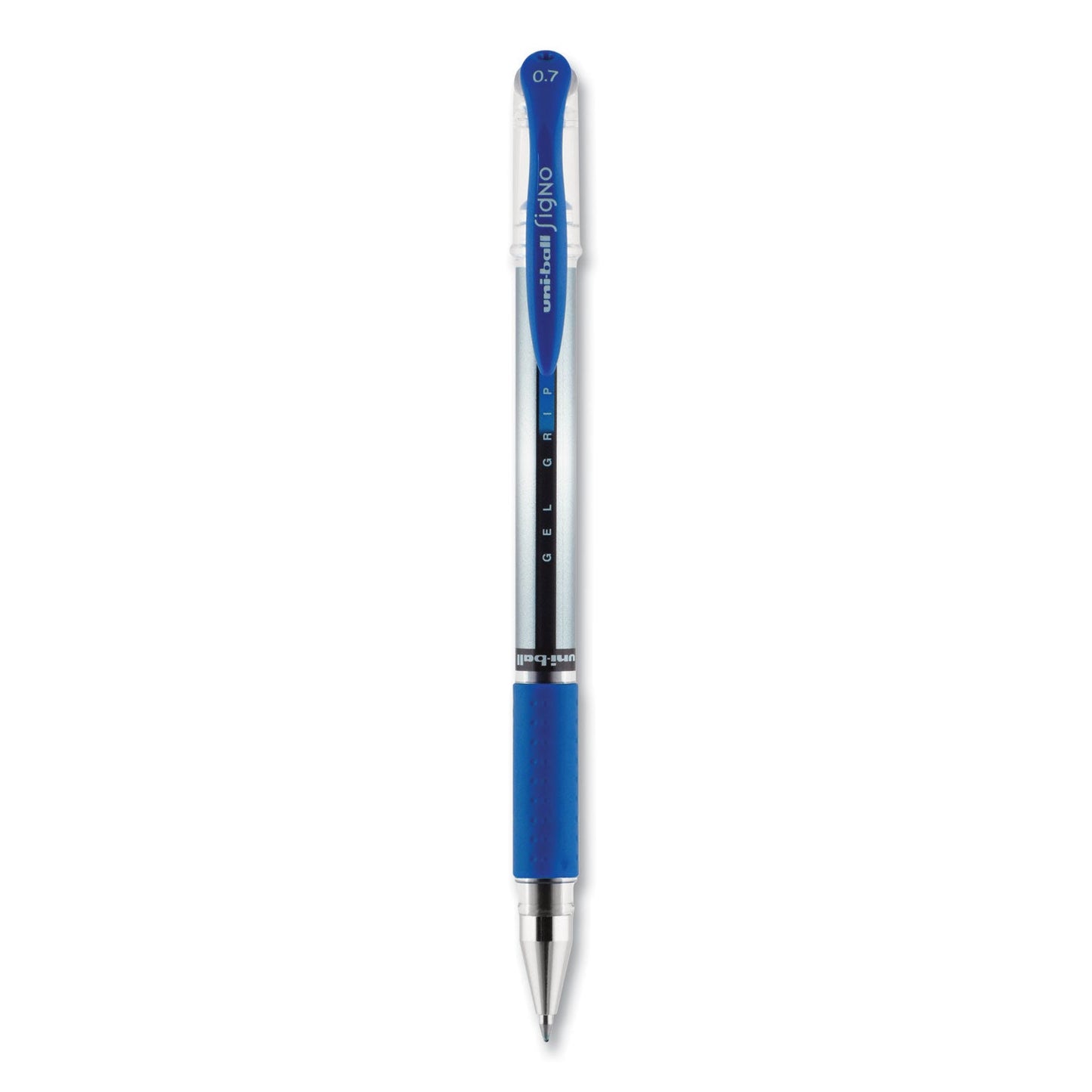 uniball Signo GRIP Gel Pen, Stick, Medium 0.7 mm, Blue Ink, Silver/Blue Barrel, Dozen