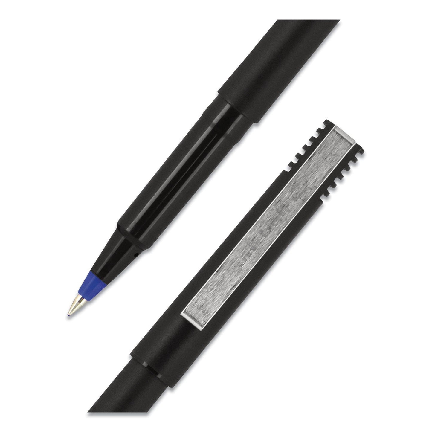 uniball Roller Ball Pen, Stick, Micro 0.5 mm, Blue Ink, Black Barrel, 72/Pack