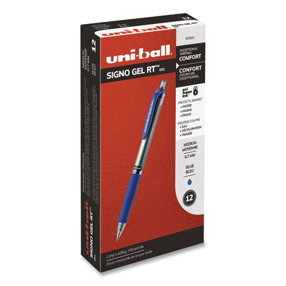 uniball Signo Gel Pen, Retractable, Medium 0.7 mm, Blue Ink, Blue/Metallic Accents Barrel, Dozen
