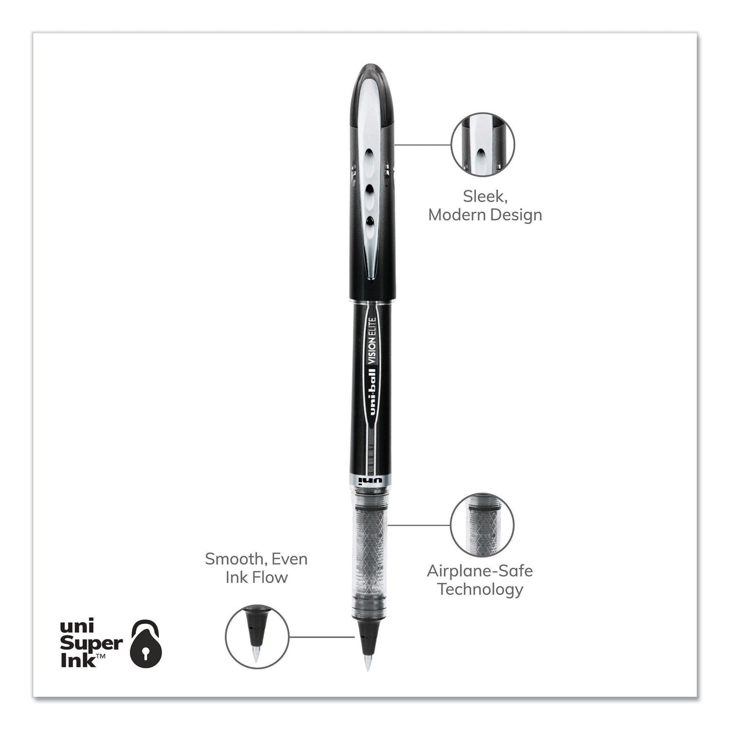 uniball VISION ELITE Roller Ball Pen, Stick, Extra-Fine 0.5 mm, Black Ink, Black Barrel