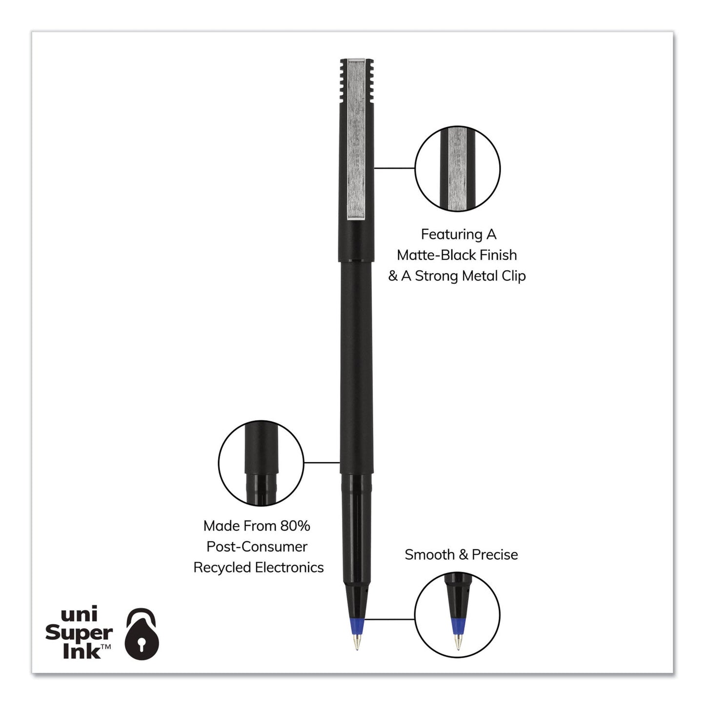 uniball Roller Ball Pen, Stick, Micro 0.5 mm, Blue Ink, Black Matte Barrel, Dozen