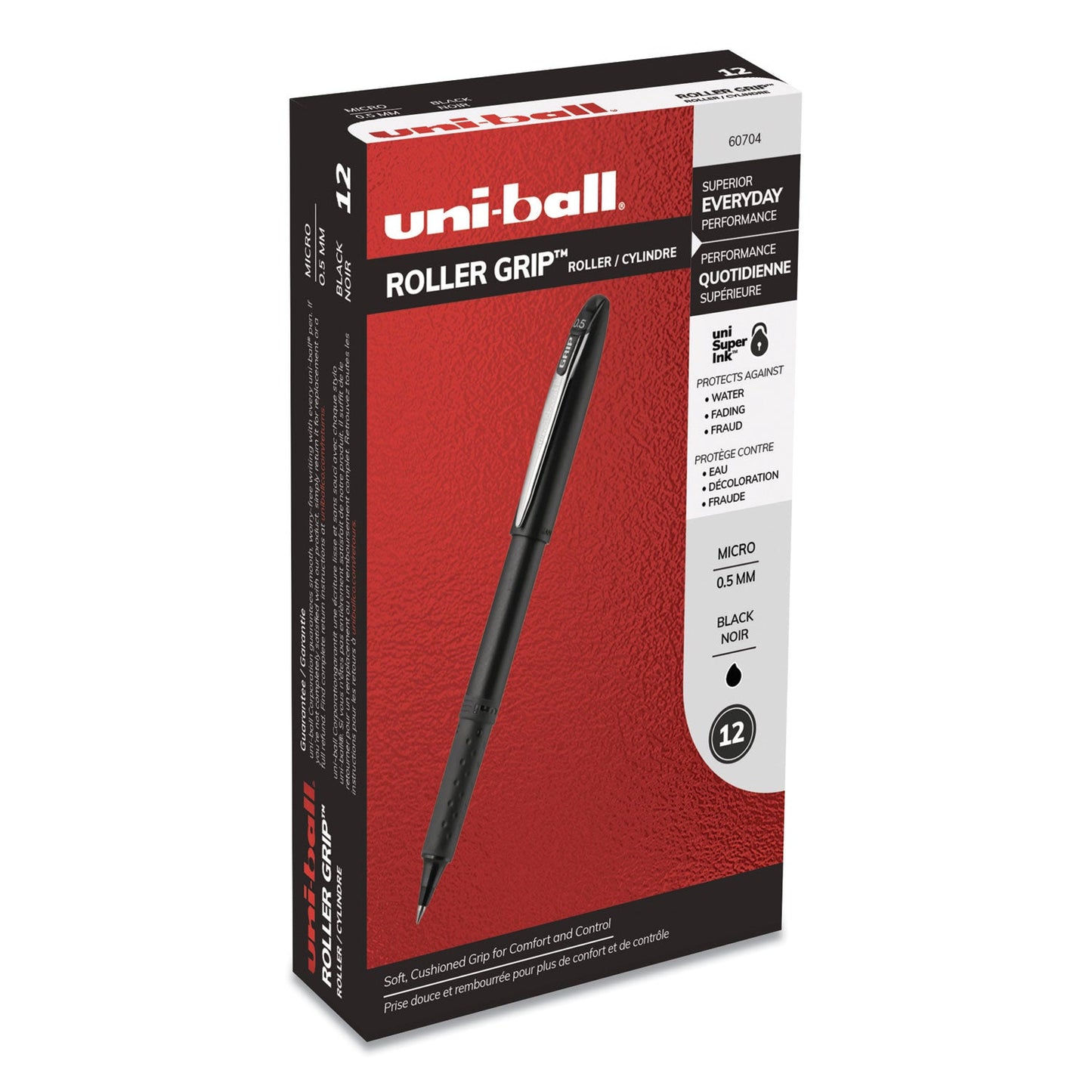 uniball Grip Roller Ball Pen, Stick, Micro 0.5 mm, Black Ink, Black Barrel, Dozen