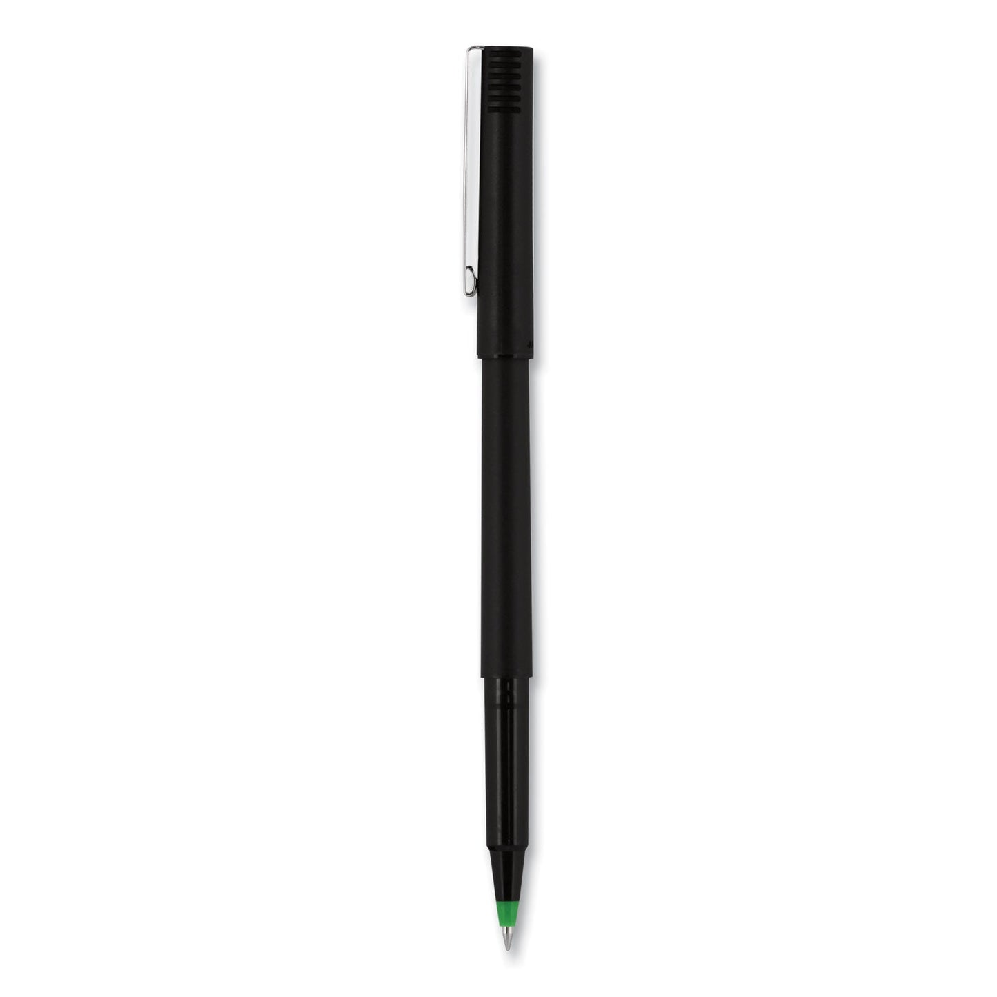 uniball Roller Ball Pen, Stick, Fine 0.7 mm, Green Ink, Black Matte Barrel, Dozen