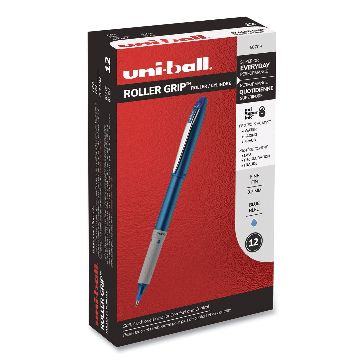 uniball Grip Roller Ball Pen, Stick, Fine 0.7 mm, Blue Ink, Blue Barrel, Dozen