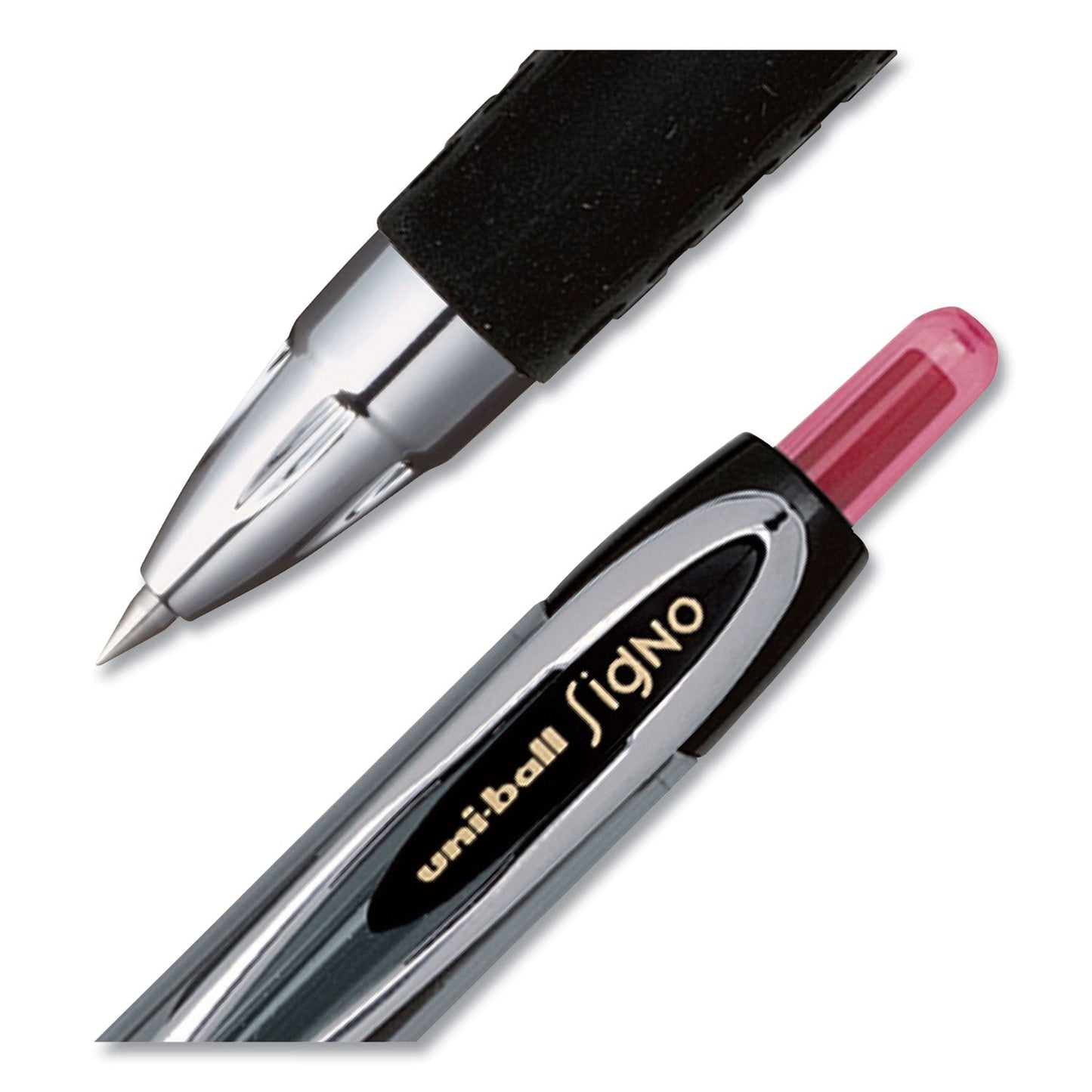 uniball Signo 207 Gel Pen, Retractable, Micro 0.5 mm, Red Ink, Smoke/Black/Red Barrel, Dozen