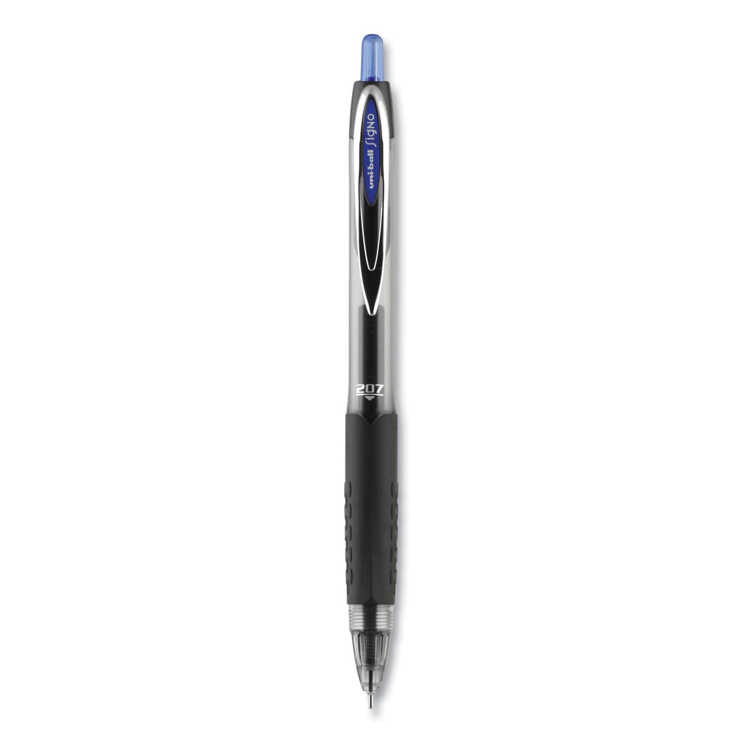 uniball Signo 207 Needle Point Gel Pen, Retractable, Medium 0.7 mm, Blue Ink, Black Barrel, Dozen