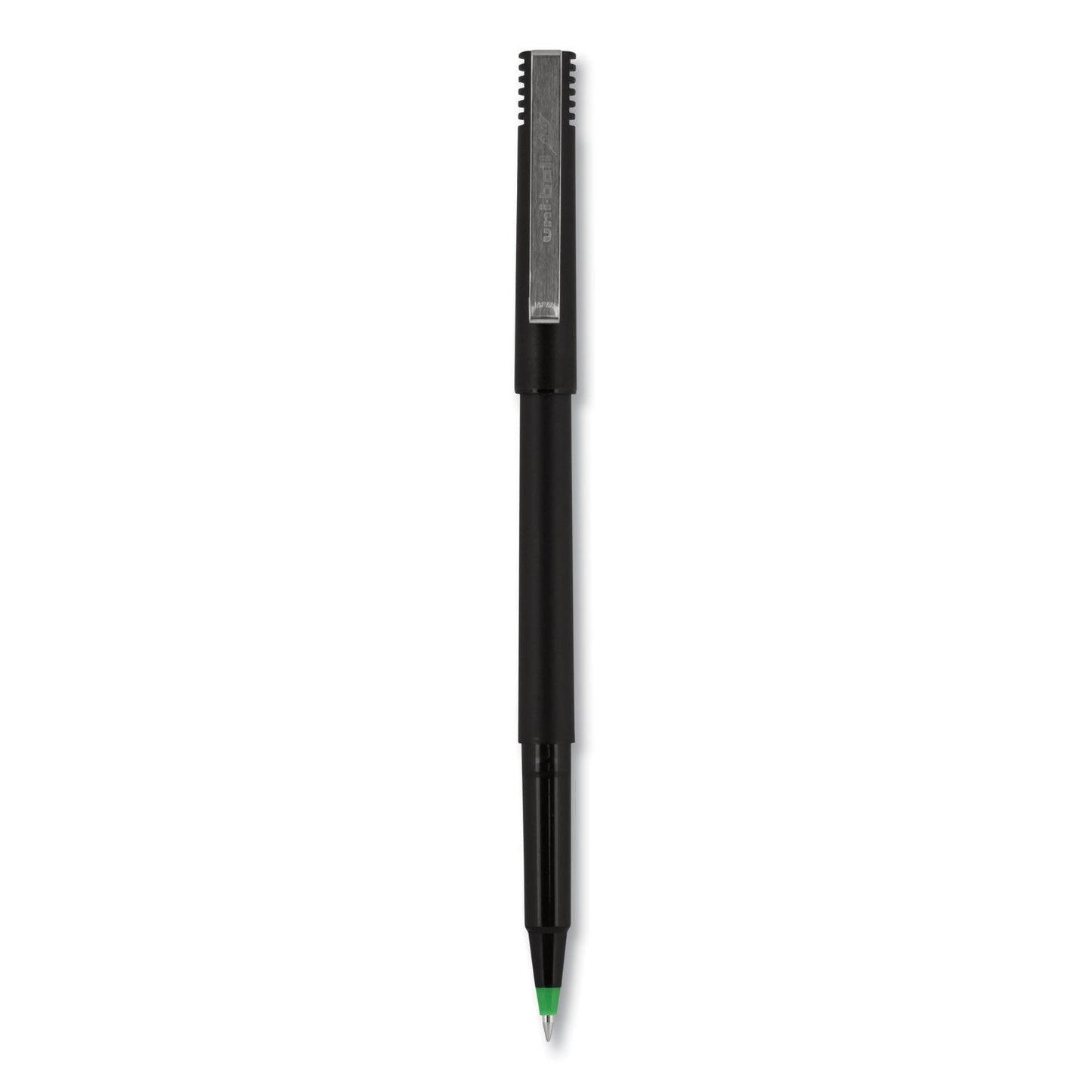 uniball Roller Ball Pen, Stick, Micro 0.5 mm, Green Ink, Black Matte Barrel, Dozen