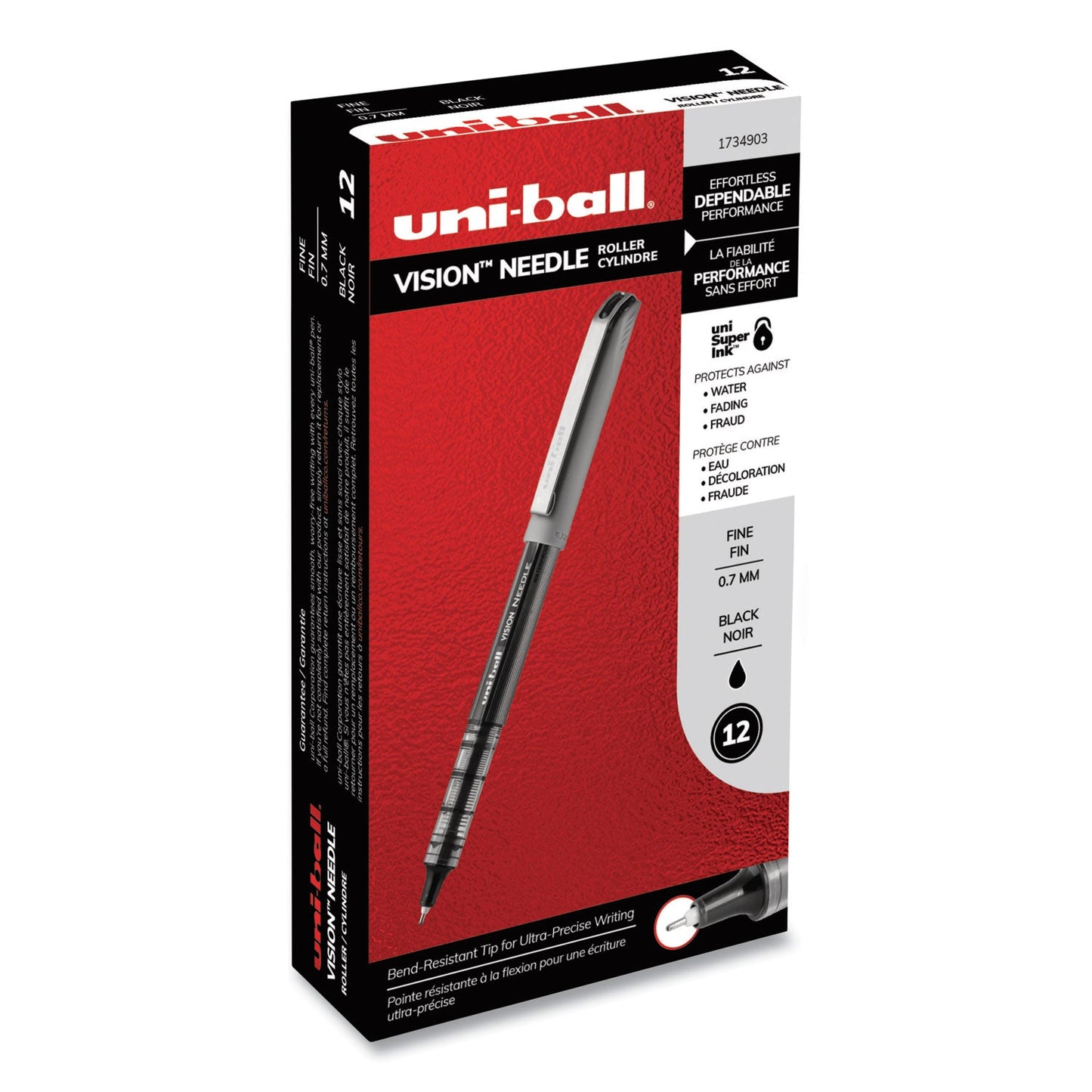 uniball VISION Needle Roller Ball Pen, Stick, Fine 0.7 mm, Black Ink, Silver Barrel, Dozen