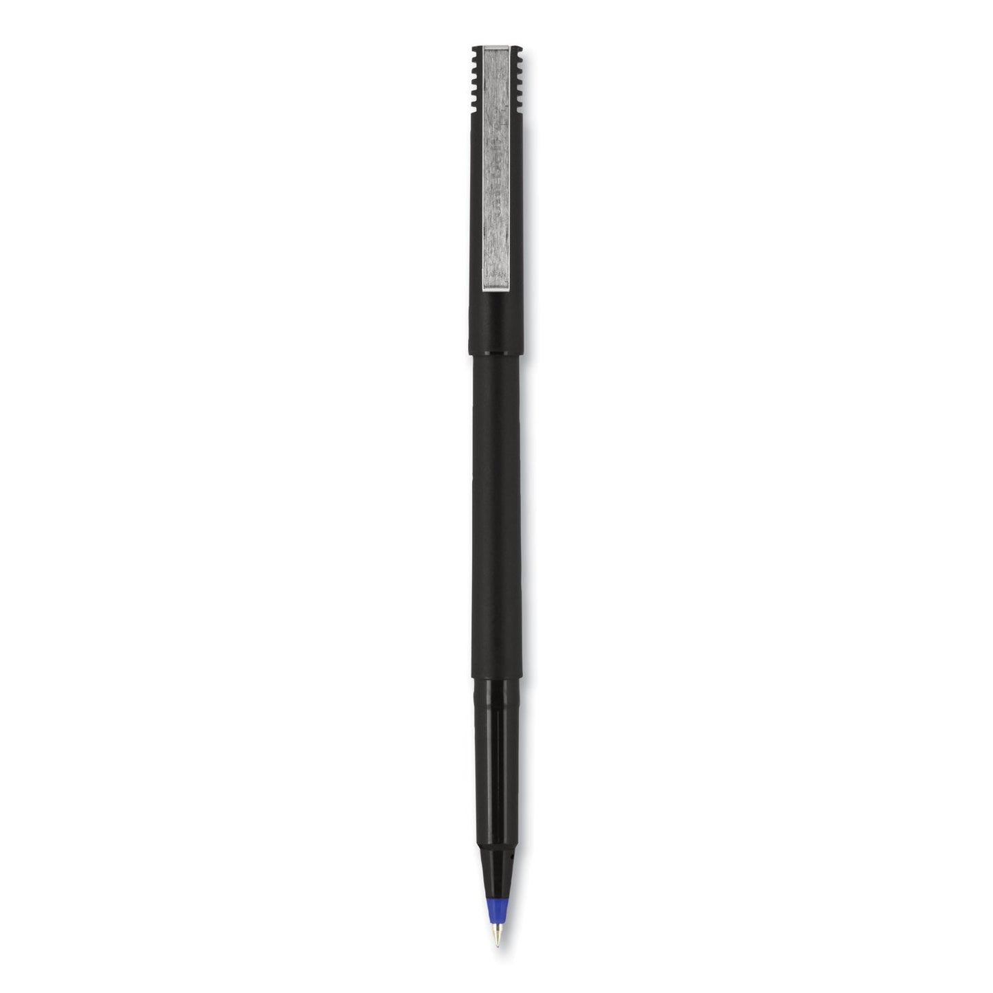 uniball Roller Ball Pen, Stick, Micro 0.5 mm, Blue Ink, Black Barrel, 72/Pack