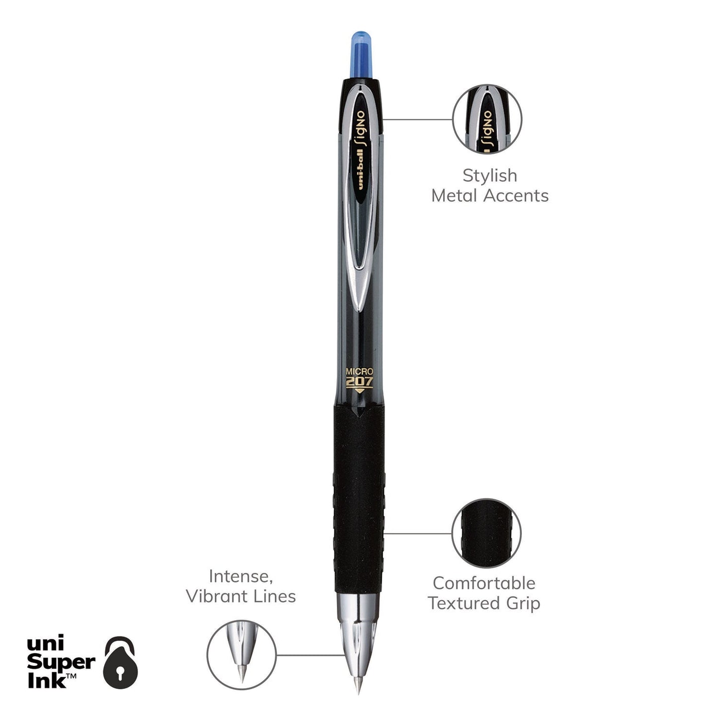 uniball Signo 207 Gel Pen, Retractable, Micro 0.5 mm, Blue Ink, Smoke/Black/Blue Barrel, Dozen