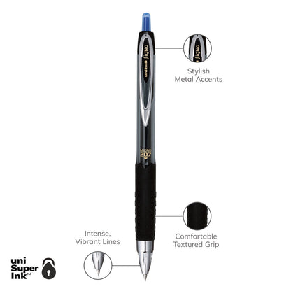 uniball Signo 207 Gel Pen, Retractable, Micro 0.5 mm, Blue Ink, Smoke/Black/Blue Barrel, Dozen