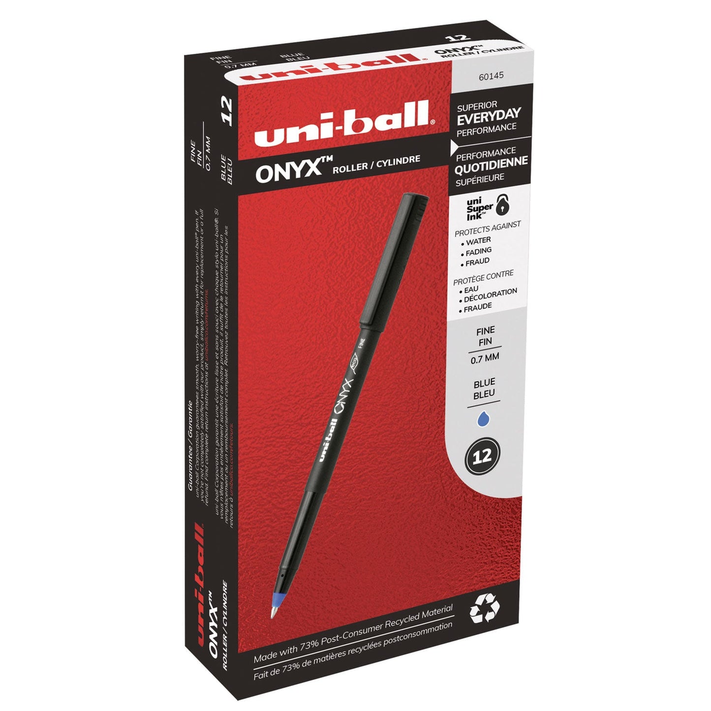 uniball ONYX Roller Ball Pen, Stick, Fine 0.7 mm, Blue Ink, Black Matte Barrel, Dozen