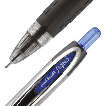 uniball Signo 207 Needle Point Gel Pen, Retractable, Medium 0.7 mm, Blue Ink, Black Barrel, Dozen