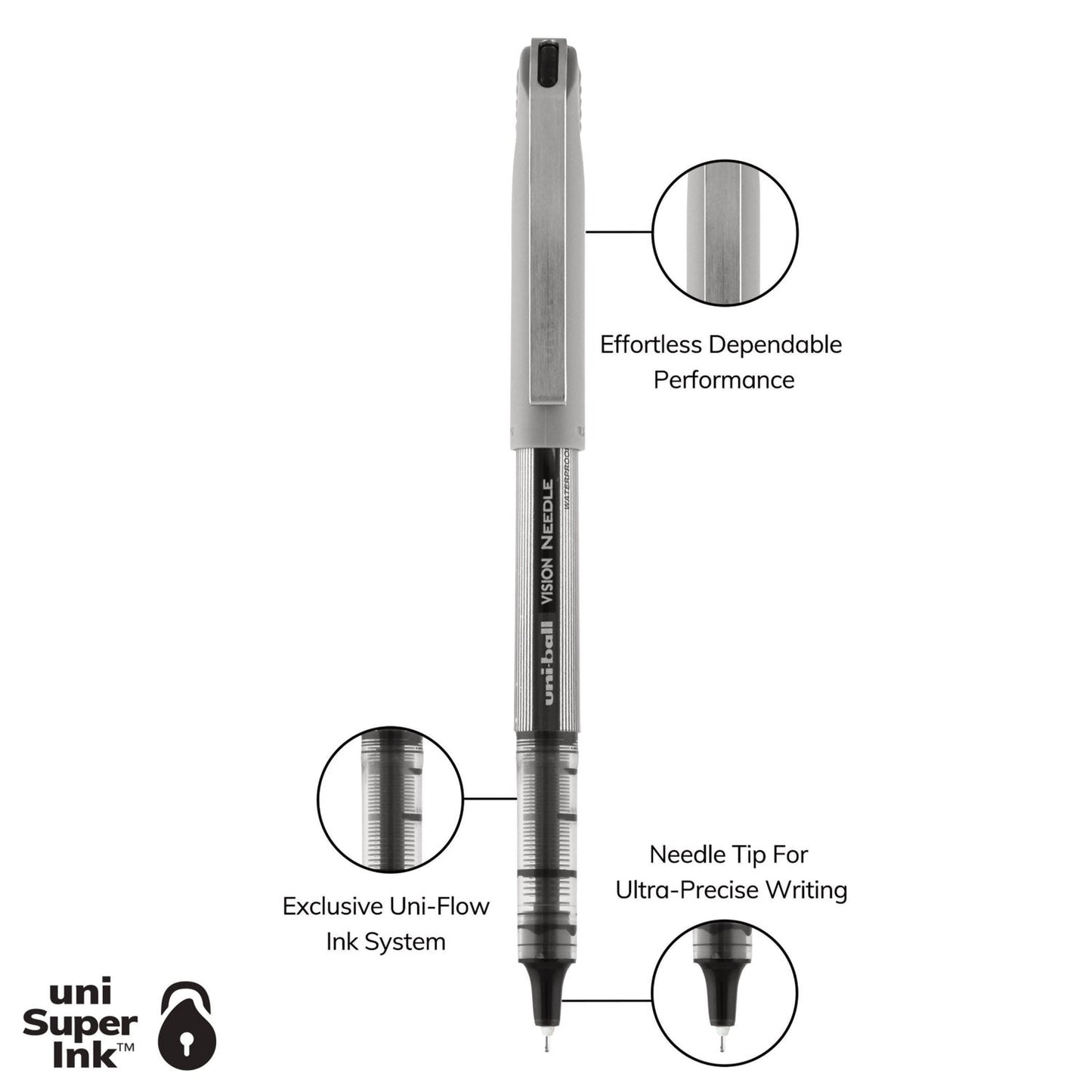 uniball VISION Needle Roller Ball Pen, Stick, Fine 0.7 mm, Black Ink, Silver Barrel, Dozen