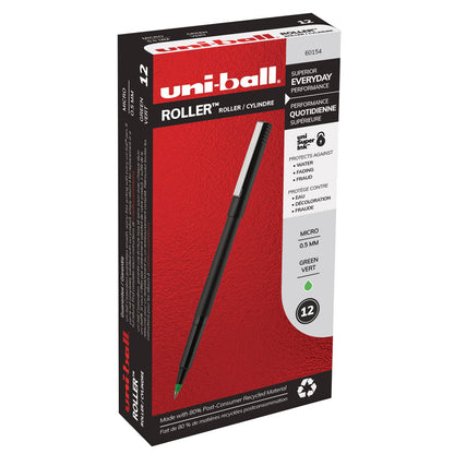 uniball Roller Ball Pen, Stick, Micro 0.5 mm, Green Ink, Black Matte Barrel, Dozen