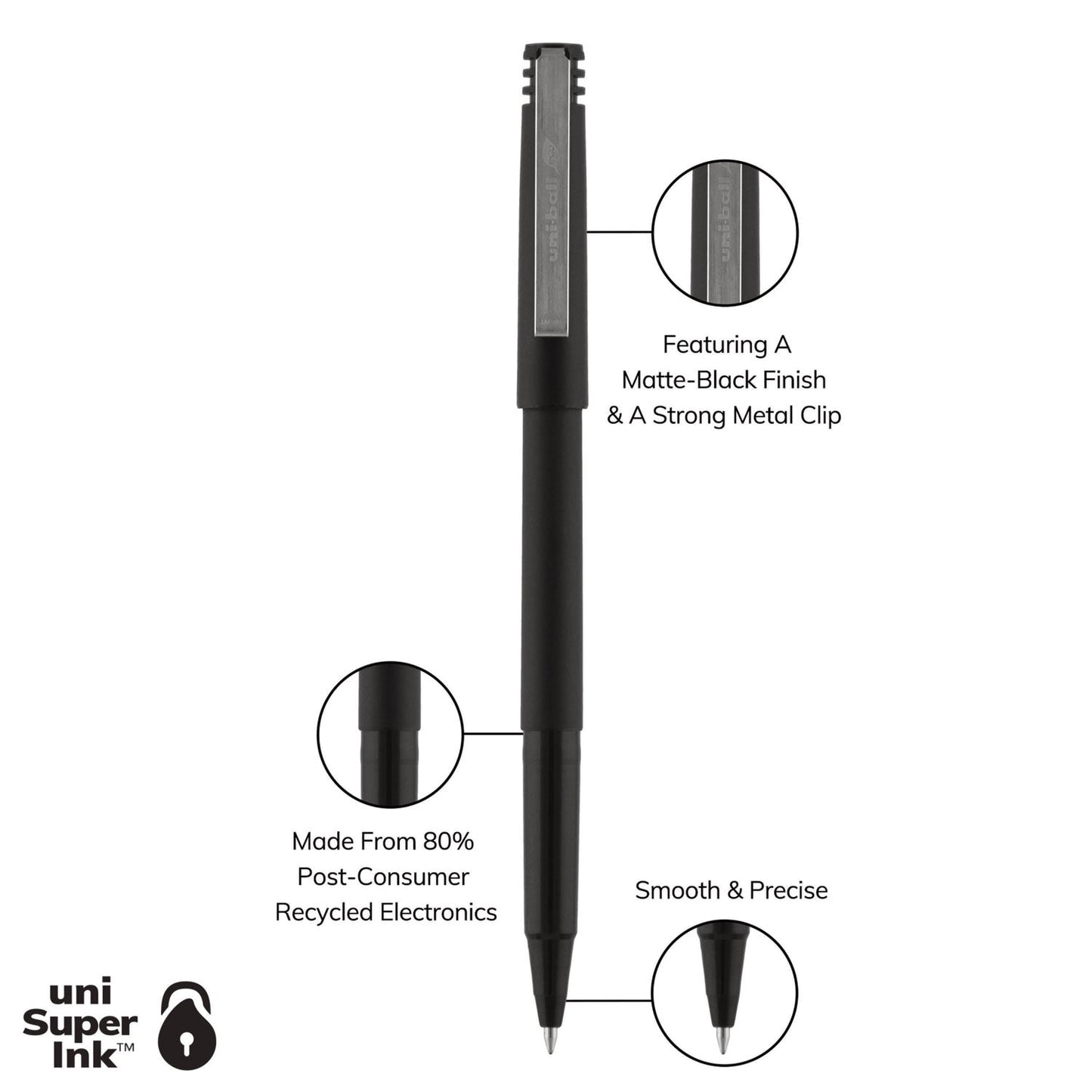 uniball Roller Ball Pen, Stick, Fine 0.7 mm, Black Ink, Black Matte Barrel, Dozen
