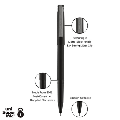 uniball Roller Ball Pen, Stick, Fine 0.7 mm, Black Ink, Black Matte Barrel, Dozen