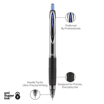 uniball Signo 207 Needle Point Gel Pen, Retractable, Medium 0.7 mm, Blue Ink, Black Barrel, Dozen