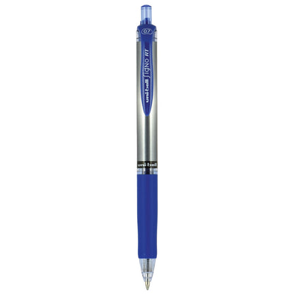 uniball Signo Gel Pen, Retractable, Medium 0.7 mm, Blue Ink, Blue/Metallic Accents Barrel, Dozen