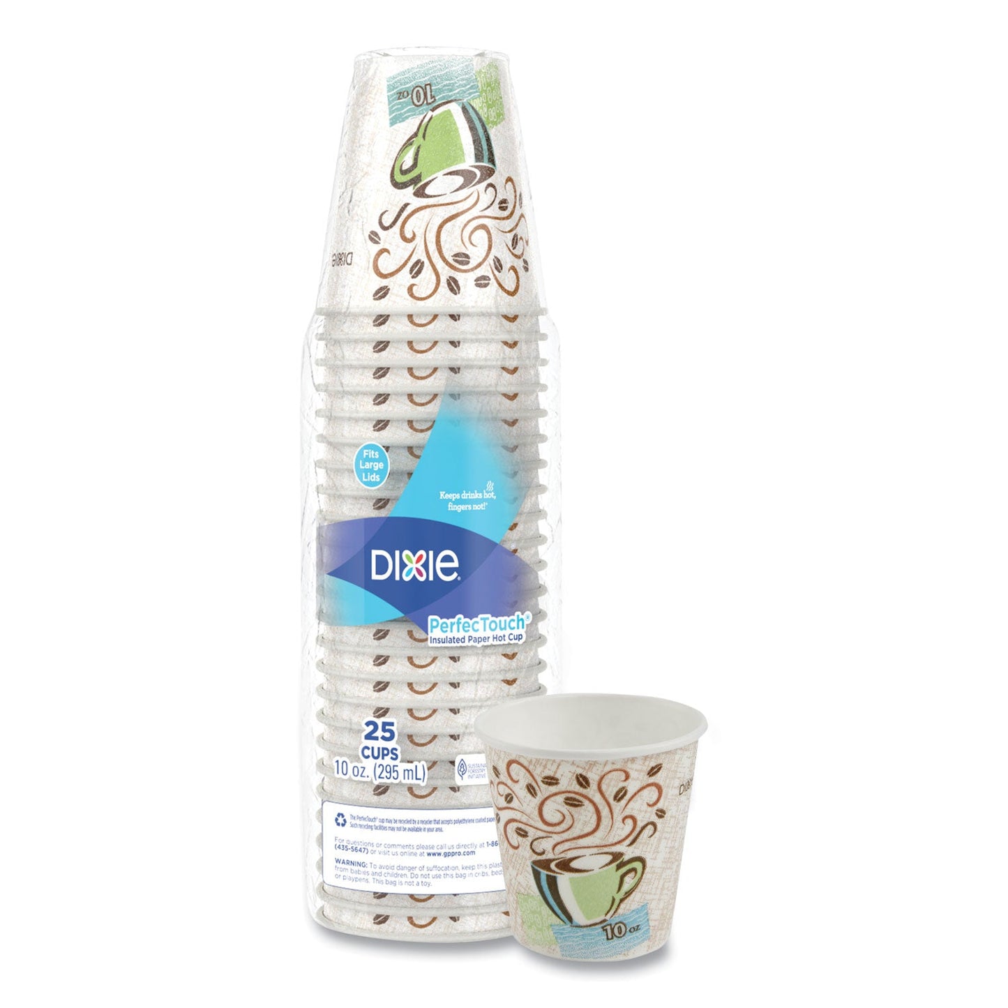 Dixie PerfecTouch Paper Hot Cups, 10 oz, Coffee Haze Design, 25/Pack