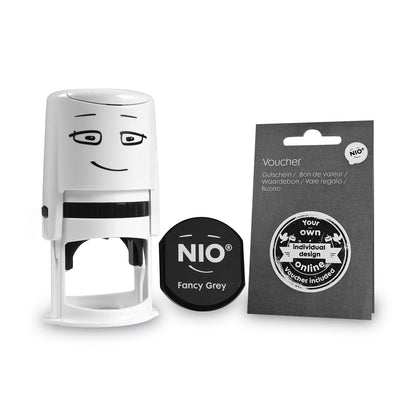 NIO Stamp with Voucher and Fancy Gray Ink Pad, Self-Inking, 1.56" Diameter