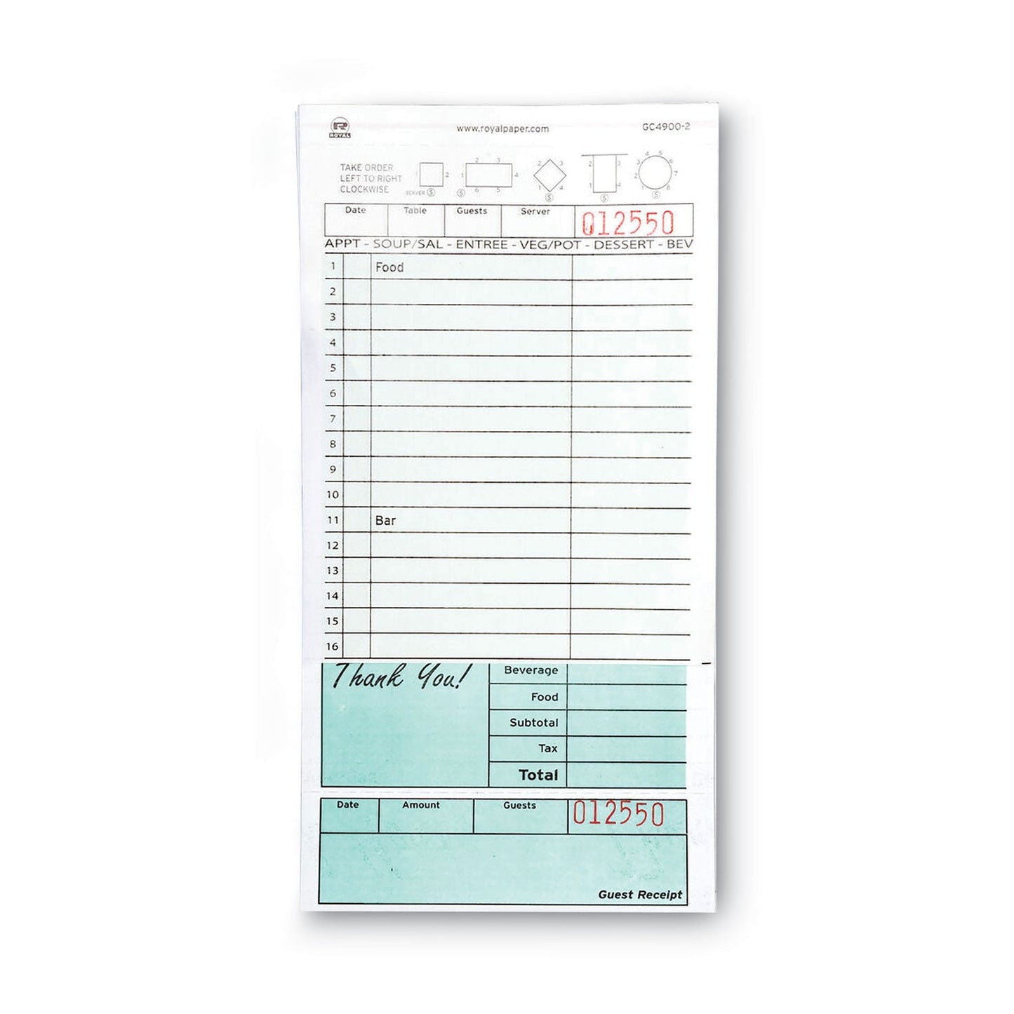 AmerCareRoyal Guest Check Book, Two-Part Carbonless, 4.2 x 8.6, 1/Page, 50 Forms/Book, 50 Books/Carton
