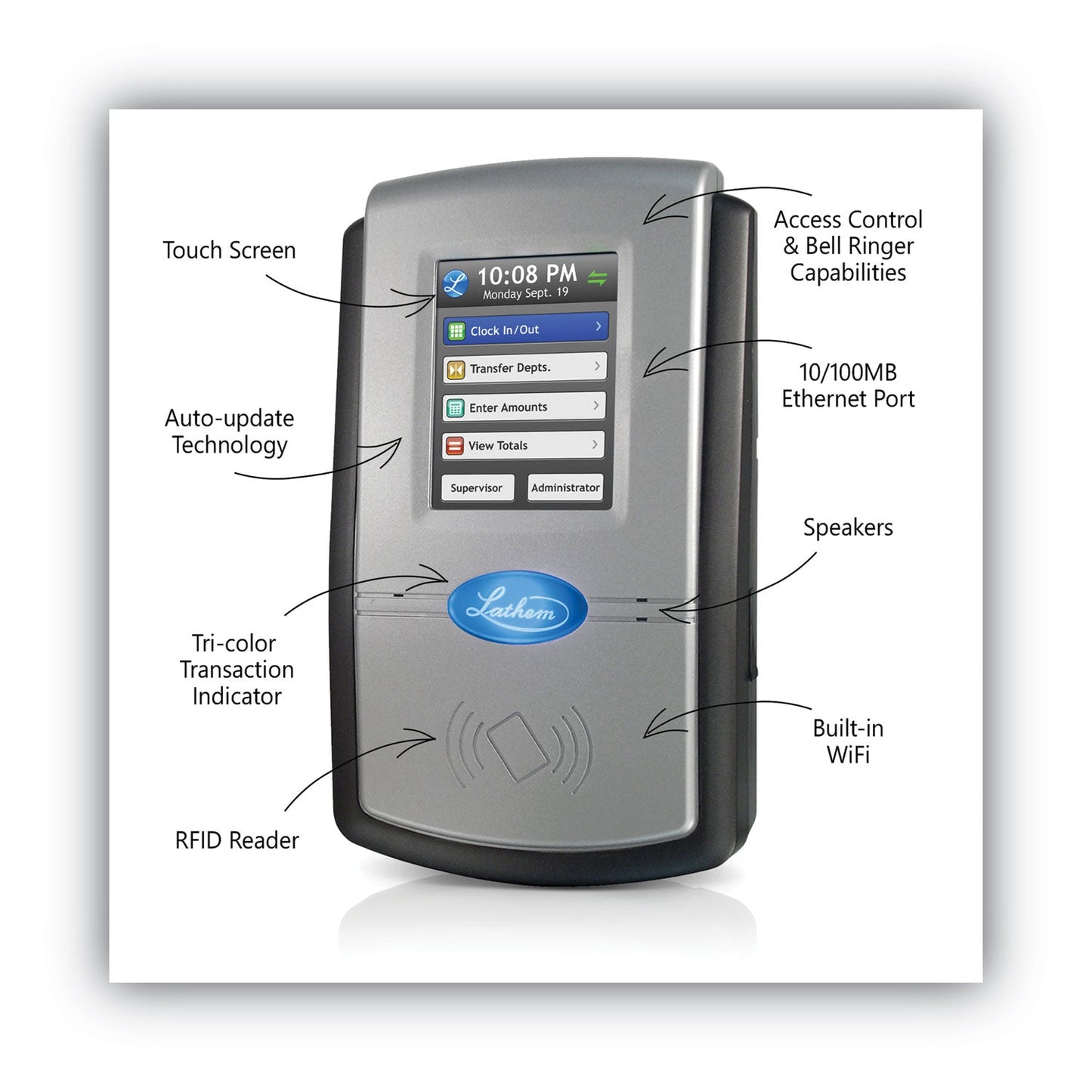 Lathem PC700 Online WiFi TouchScreen Time and Attendance System, LCD Display, Gray