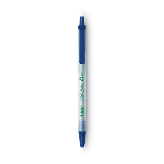 BIC Ecolutions Clic Stic Ballpoint Pen, Retractable, Medium 1 mm, Blue Ink, Clear Barrel, Dozen