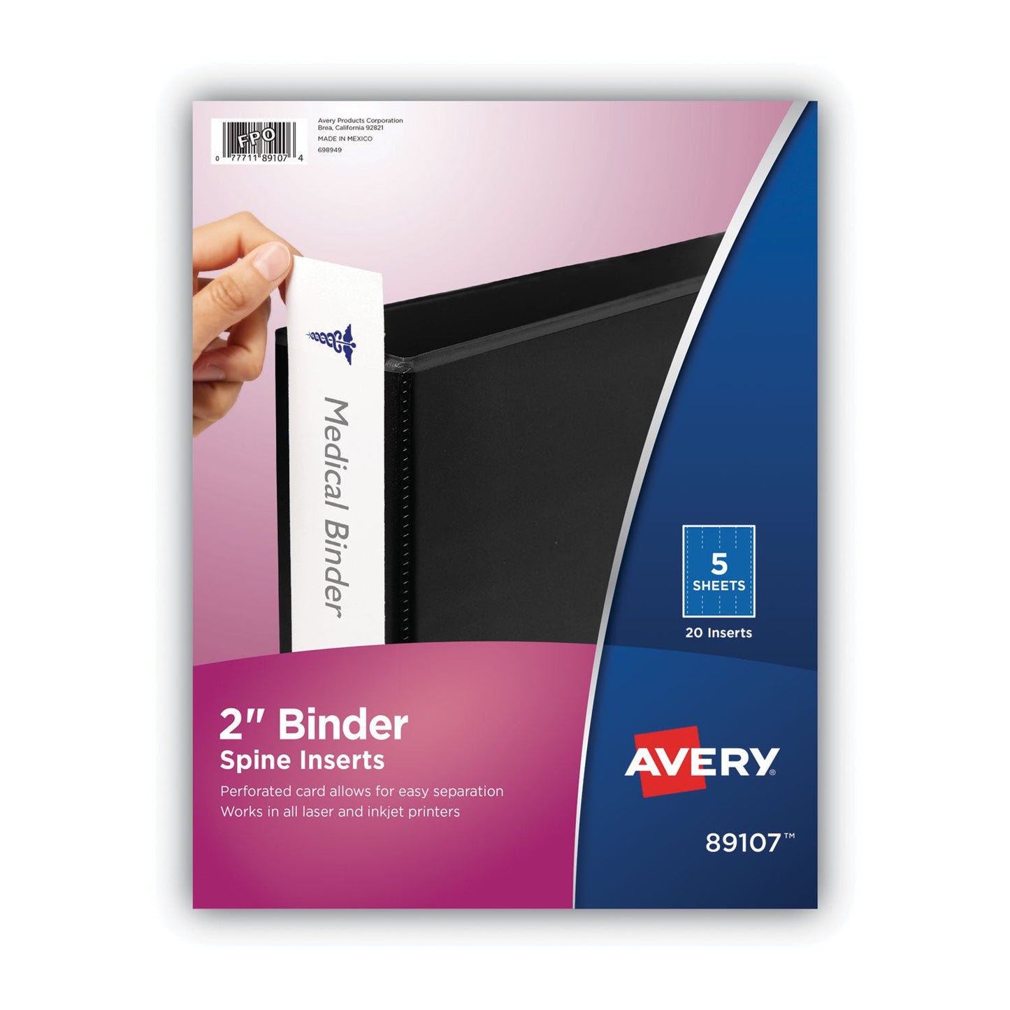 Avery Binder Spine Inserts, 2" Spine Width, 4 Inserts/Sheet, 5 Sheets/Pack