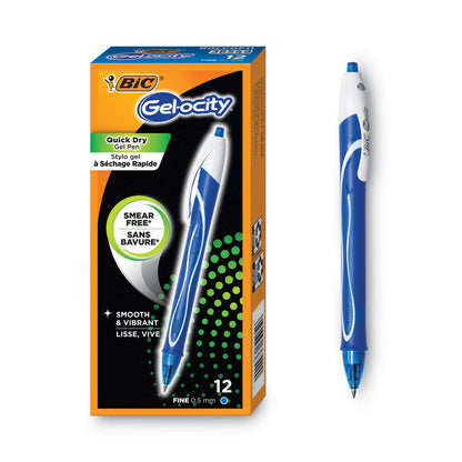 BIC Gel-ocity Quick Dry Gel Pen, Retractable, Fine 0.5 mm, Blue Ink, Blue Barrel, Dozen