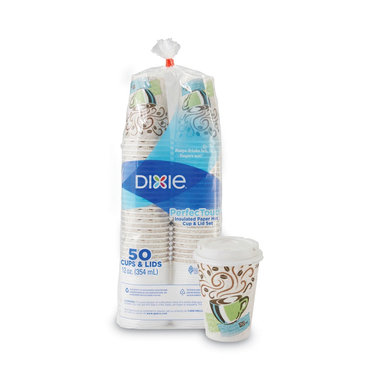 Dixie PerfecTouch Paper Hot Cups and Lids Combo, 12 oz, Multicolor, 50 Cups/Lids/Pack