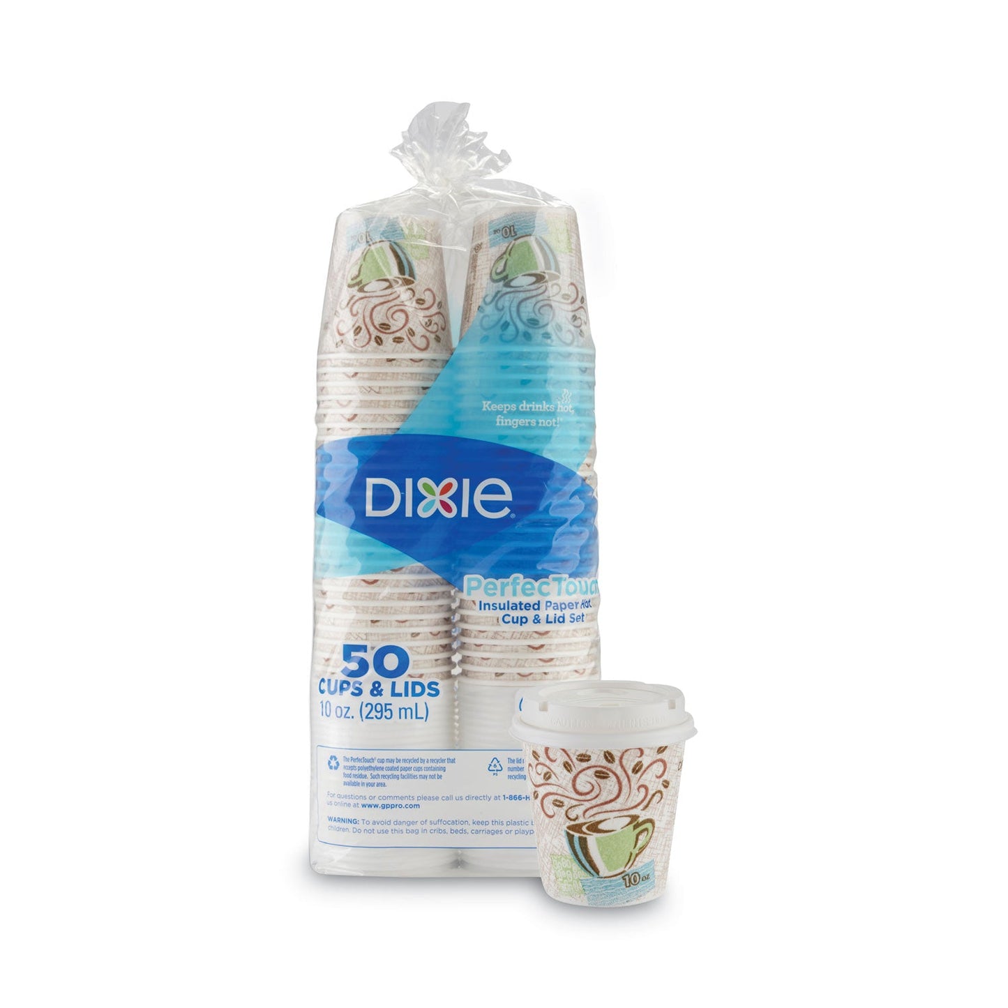 Dixie PerfecTouch Paper Hot Cups and  Lids Combo, 10 oz, Multicolor, 50 Cups/Lids/Pack