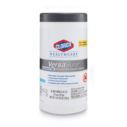Clorox VersaSure Cleaner Disinfectant Wipes, 1-Ply, 6.75 x 8, White, 85/Canister, 6 Canisters/Carton