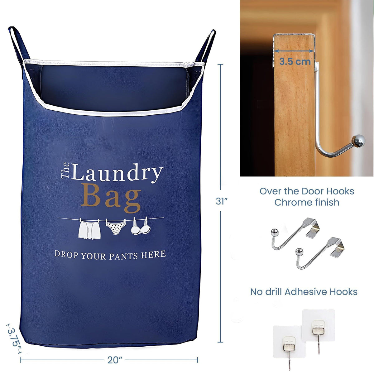 Fine Living Co. Large Hanging Laundry Hamper with Over Door Hooks & Adhesive Durable Space Saving Laundry Bag with Zipper and Wide Open Top Hanging Dorm Laundry Hamper (Navy Blue with Print XL)