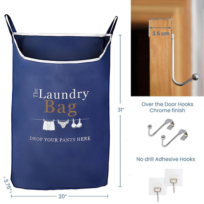 Fine Living Co. Large Hanging Laundry Hamper with Over Door Hooks & Adhesive Durable Space Saving Laundry Bag with Zipper and Wide Open Top Hanging Dorm Laundry Hamper (Navy Blue with Print XL)
