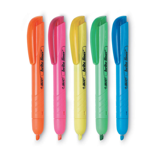 BIC Brite Liner Retractable Highlighter, Assorted Ink Colors, Chisel Tip, Assorted Barrel Colors, 5/Set