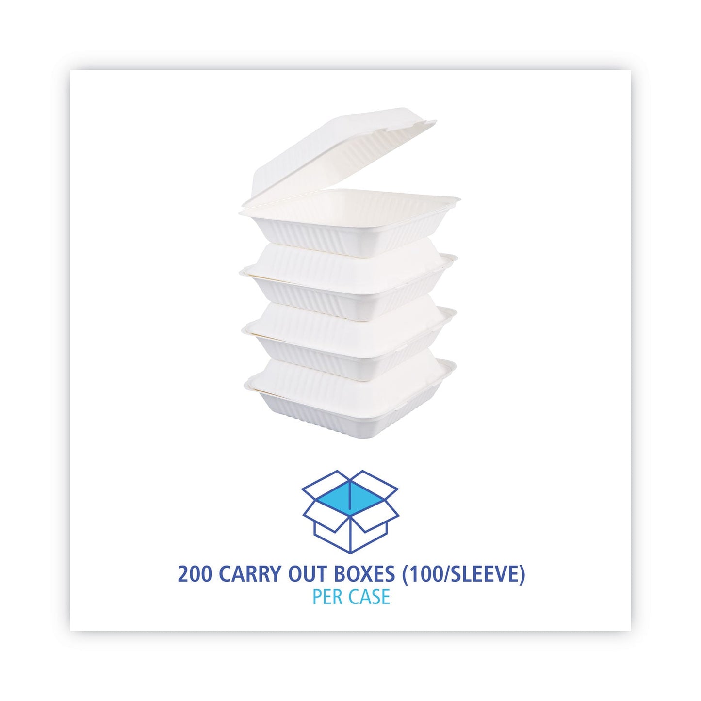 Boardwalk Bagasse Food Containers, Hinged-Lid, 1-Compartment 9 x 9 x 3.19, White,  Sugarcane, 100/Sleeve, 2 Sleeves/Carton