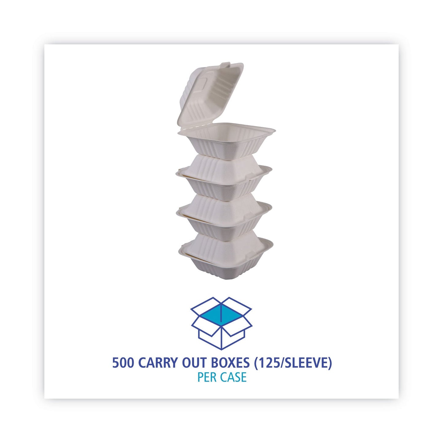 Boardwalk Bagasse Food Containers, Hinged-Lid, 1-Compartment 6 x 6 x 3.19, White, Sugarcane, 125/Sleeve, 4 Sleeves/Carton