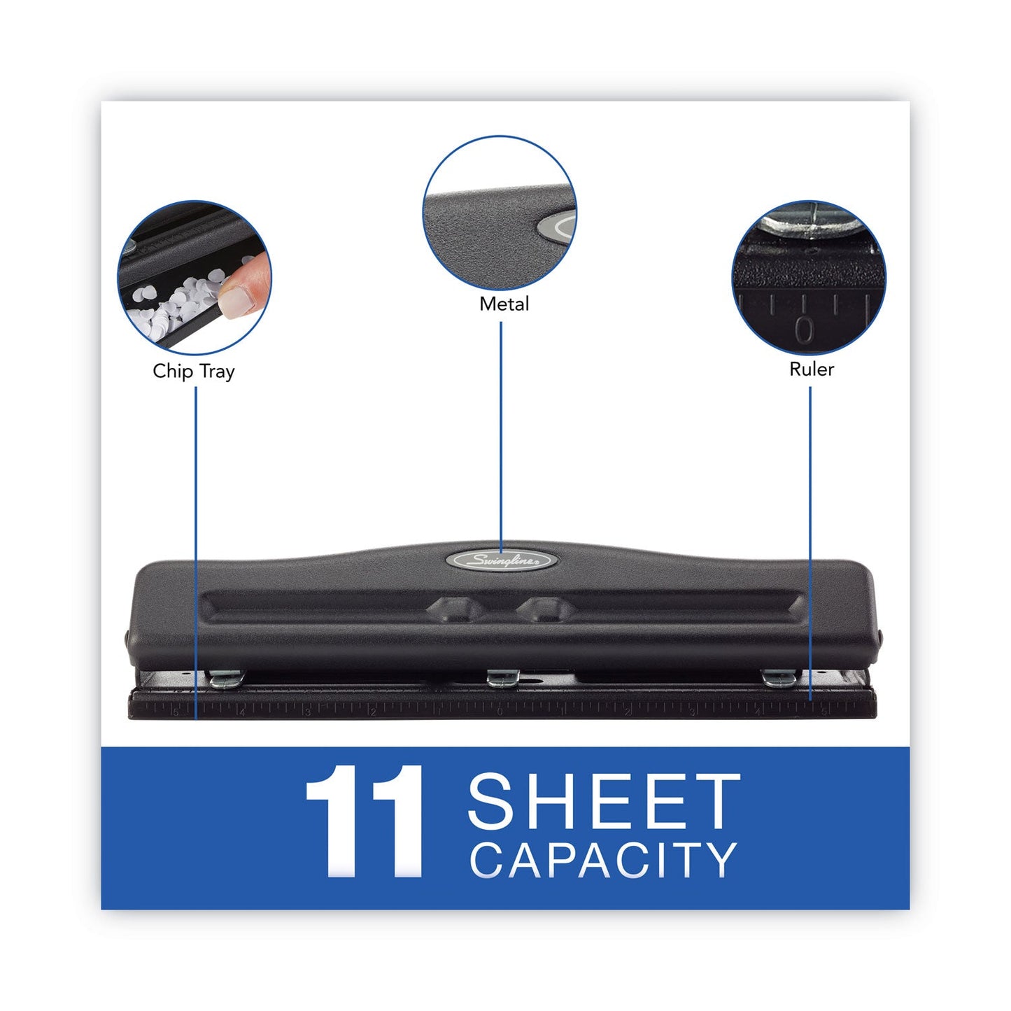 Swingline 11-Sheet Commercial Adjustable Desktop Two- to Three-Hole Punch, 9/32" Holes, Black
