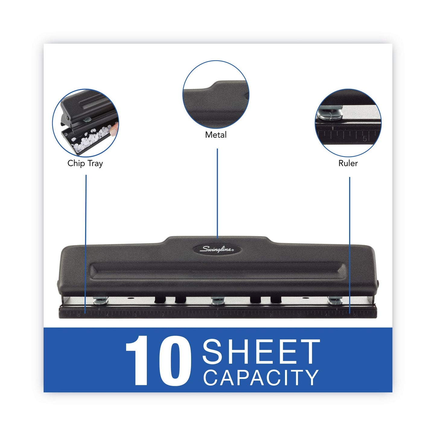 Swingline 10-Sheet Desktop Light-Duty Two- to Three-Hole Adjustable Punch, 9/32" Holes, Black