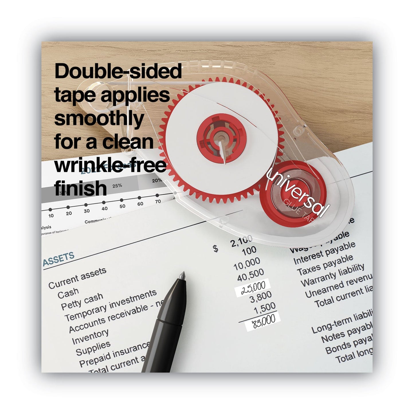 Universal Double-sided Adhesive Tape Roller, 0.38" x 32.83 ft, Dries Clear, 2/Pack