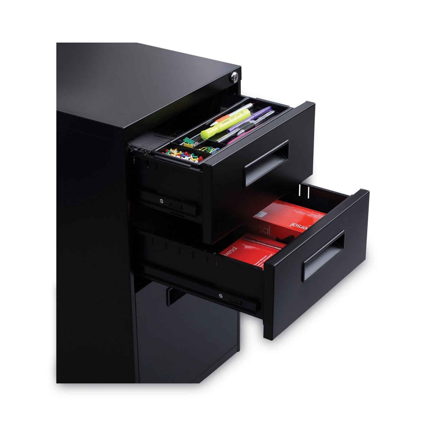 Alera File Pedestal, Left or Right, 3-Drawers: Box/Box/File, Legal/Letter, Black, 14.96" x 19.29" x 27.75"