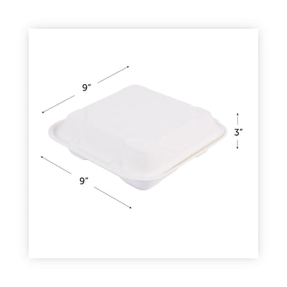 Eco-Products Renewable and Compost Sugarcane Clamshells, 3-Compartment, 9 x 9 x 3, White, 50/Pack, 4 Packs/Carton