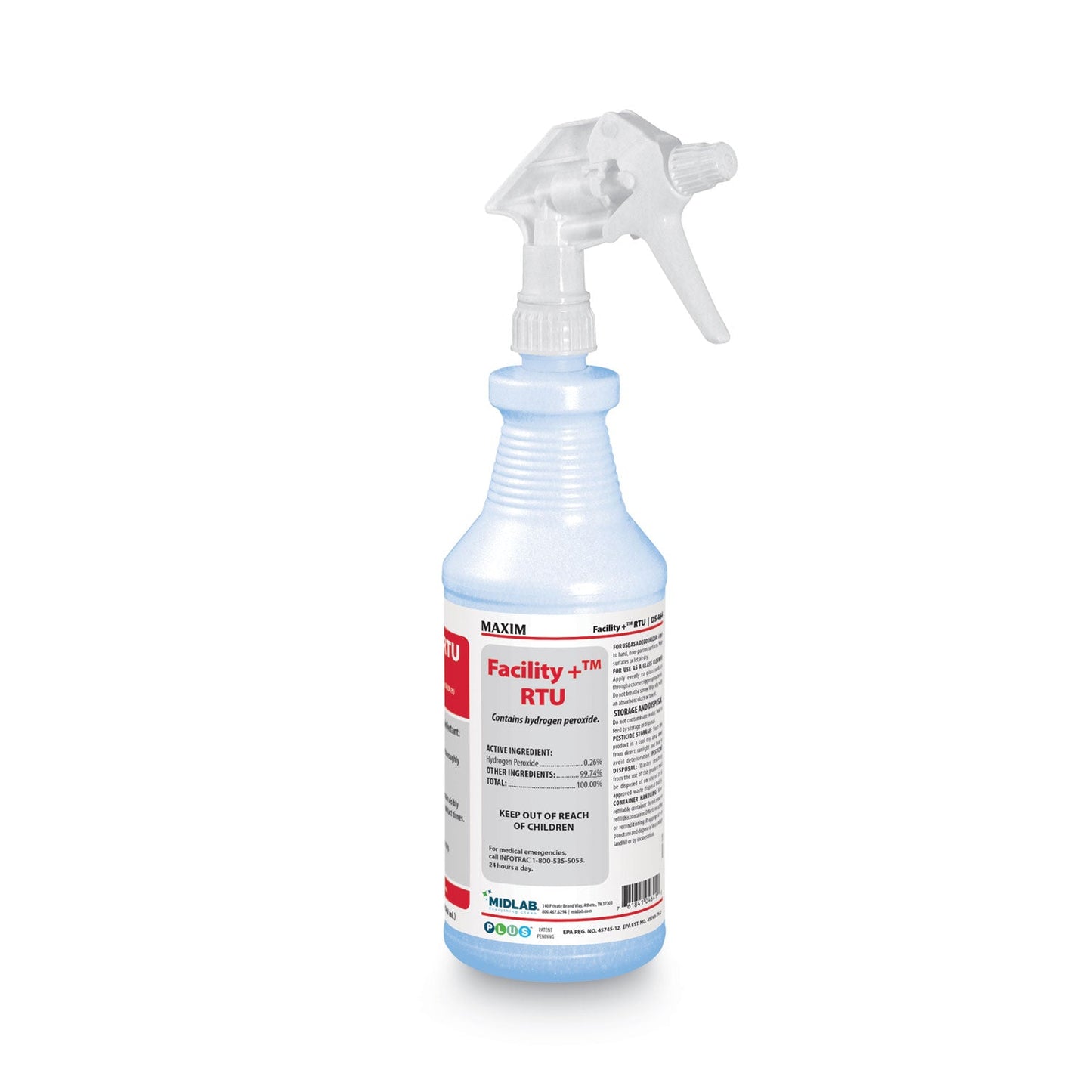 Maxim Facility+ RTU Disinfectant, Safe-to-Ship, Unscented, 32 oz, 6/Carton