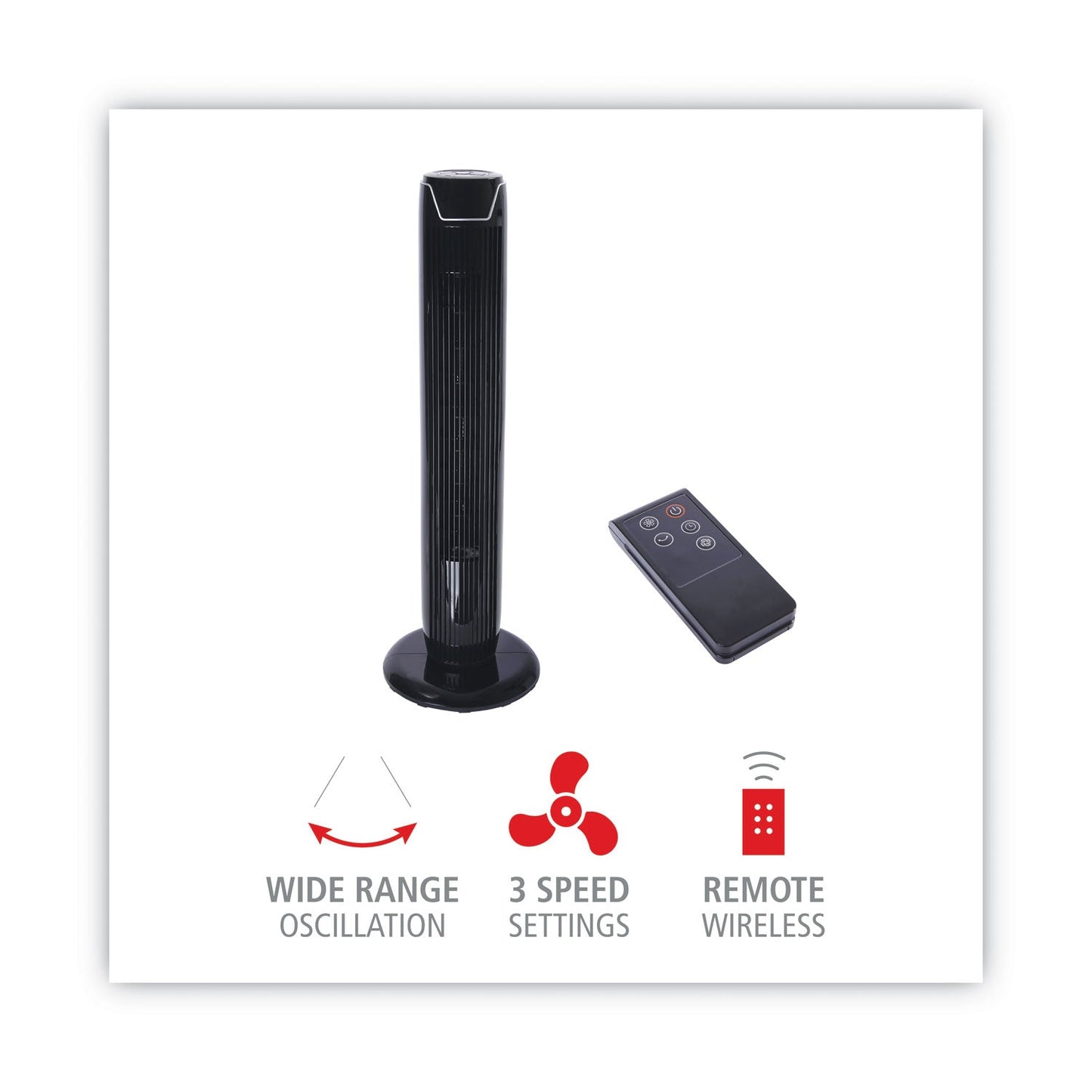 Alera 36" 3-Speed Oscillating Tower Fan with Remote Control, Plastic, Black