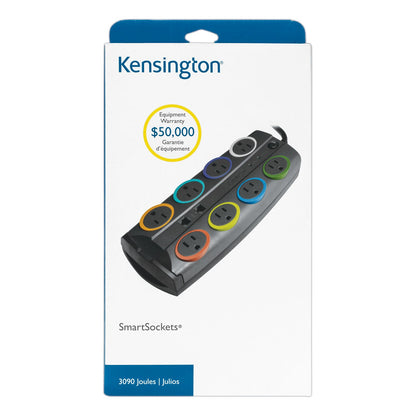 Kensington SmartSockets Surge Protector, 8 AC Outlets, 8 ft Cord, 3,090 J, Dark Gray