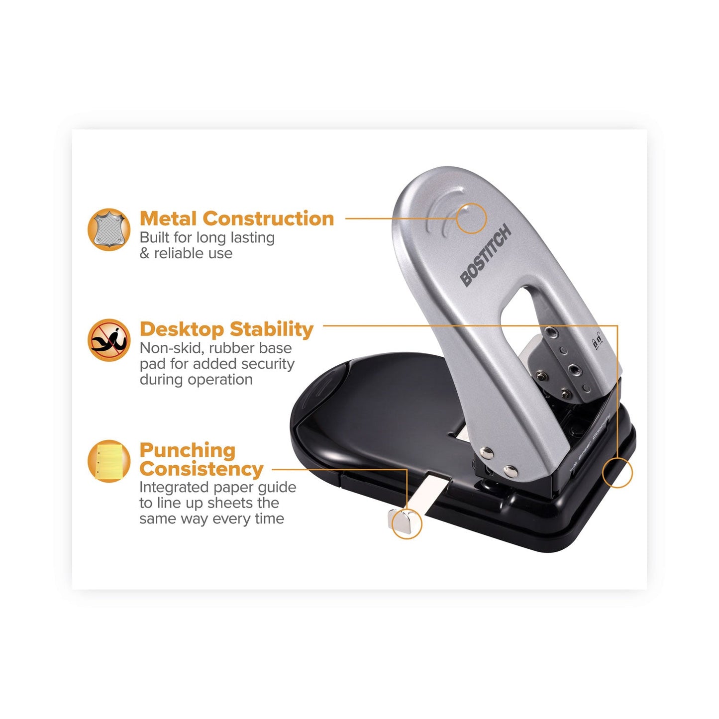 Bostitch 40-Sheet EZ Squeeze Two-Hole Punch, 9/32" Holes, Black/Silver