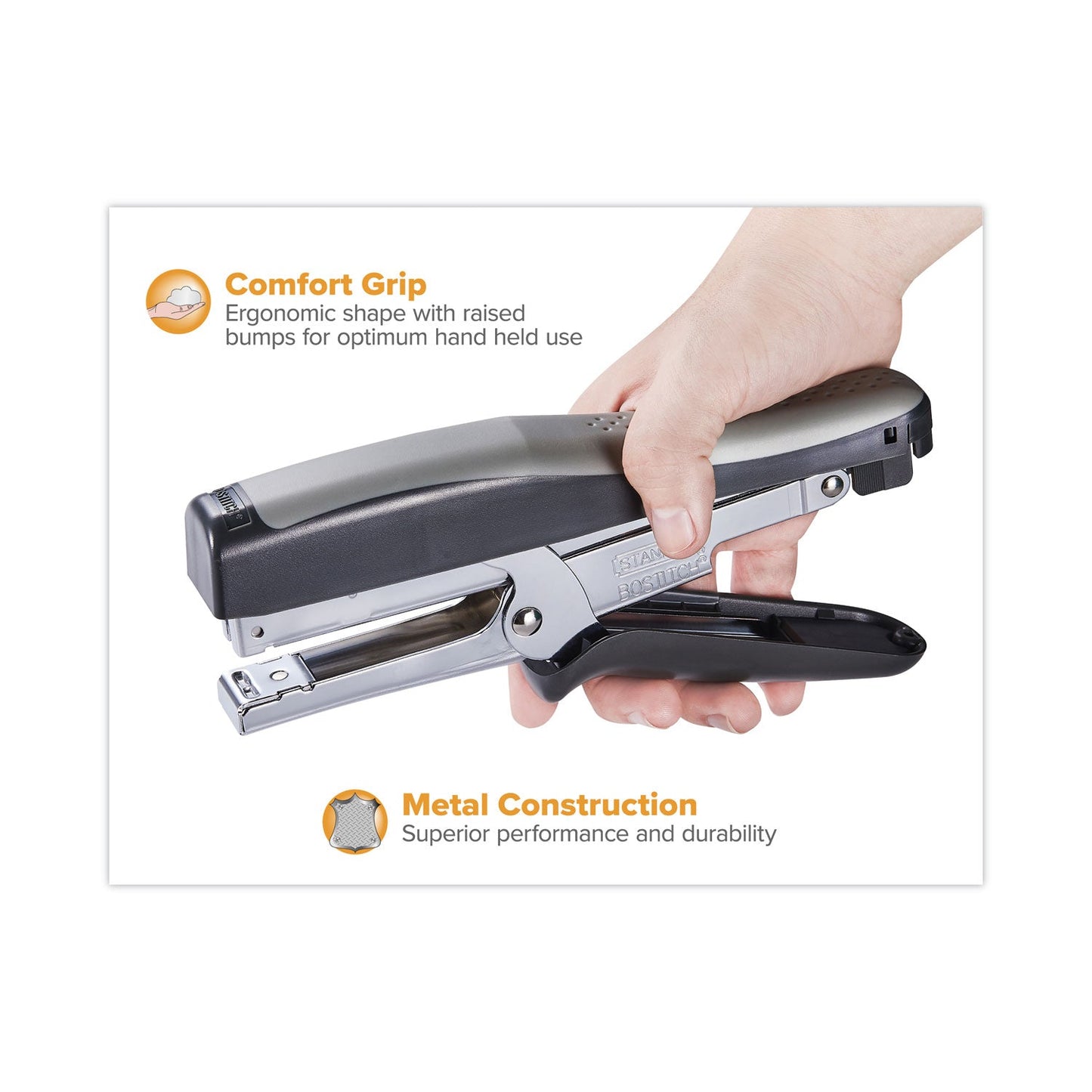 Bostitch Standard Plier Stapler, 20-Sheet Capacity, 0.25" Staples, 2.5" Throat, Black/Gray