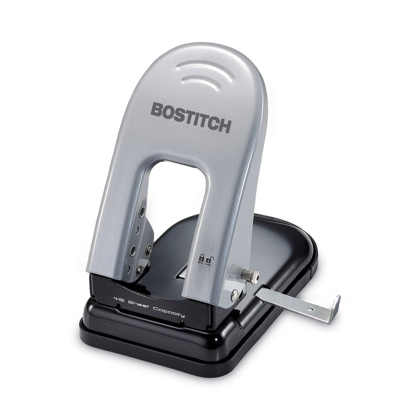 Bostitch 40-Sheet EZ Squeeze Two-Hole Punch, 9/32" Holes, Black/Silver